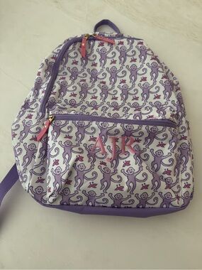 Roller Rabbit Purple Monkey Print Backpack with Pink “AJR” Initials